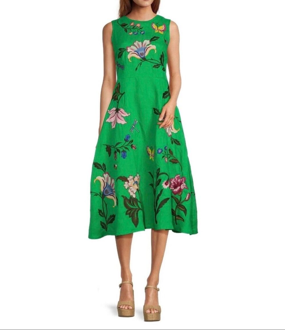 Fanm Mon Gloriosa Hand Embroidered Sleeveless Midi Dress Size S
